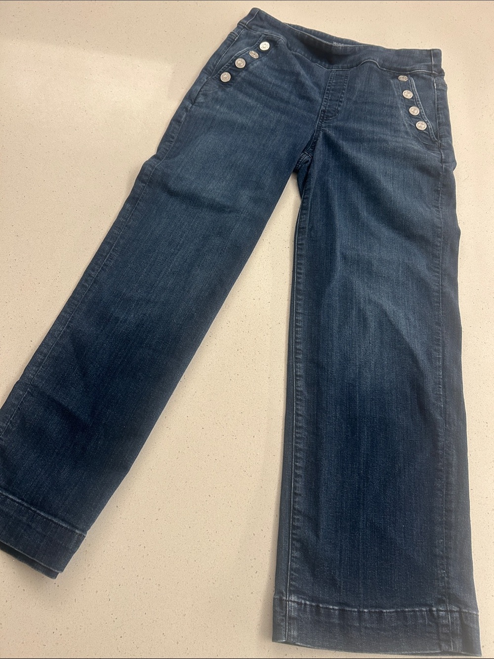 Chico's Wide Leg Ankle Dark Blue Flare Jeans with Silver Button Accents